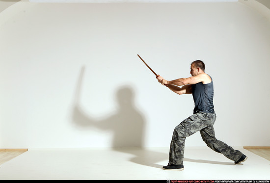 Man Adult Athletic White Fighting with sword Moving poses Army