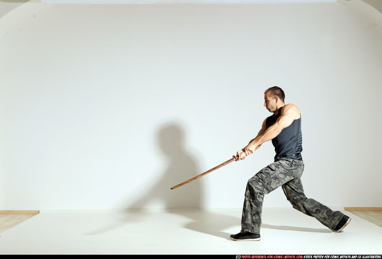 Man Adult Athletic White Fighting with sword Moving poses Army