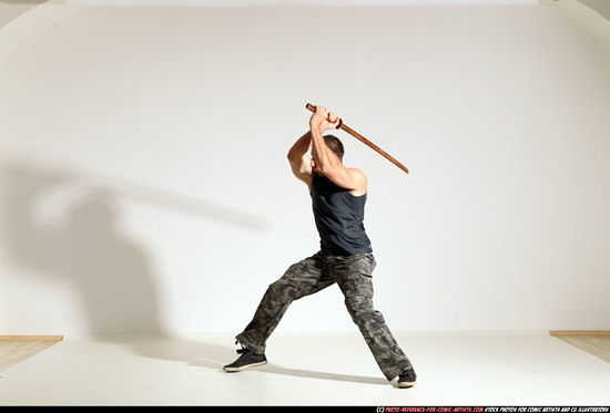 Man Adult Athletic White Fighting with sword Moving poses Army