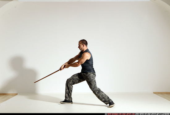 Man Adult Athletic White Fighting with sword Moving poses Army