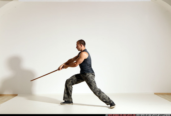 Man Adult Athletic White Fighting with sword Moving poses Army