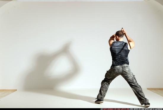 Man Adult Athletic White Fighting with sword Moving poses Army