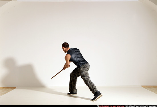 Man Adult Athletic White Fighting with sword Moving poses Army