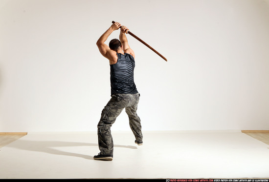 Man Adult Athletic White Fighting with sword Moving poses Army