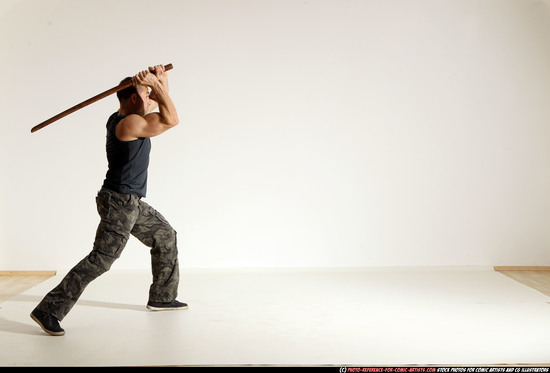 Man Adult Athletic White Fighting with sword Moving poses Army