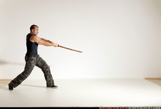 Man Adult Athletic White Fighting with sword Moving poses Army