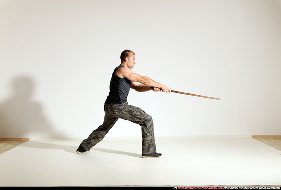 Man Adult Athletic White Fighting with sword Moving poses Army