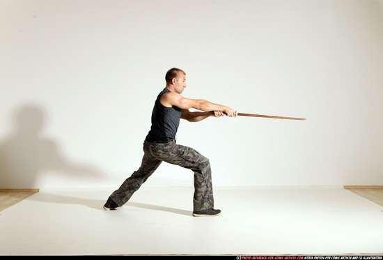 Man Adult Athletic White Fighting with sword Moving poses Army