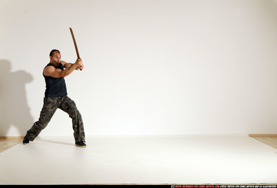 Man Adult Athletic White Fighting with sword Moving poses Army