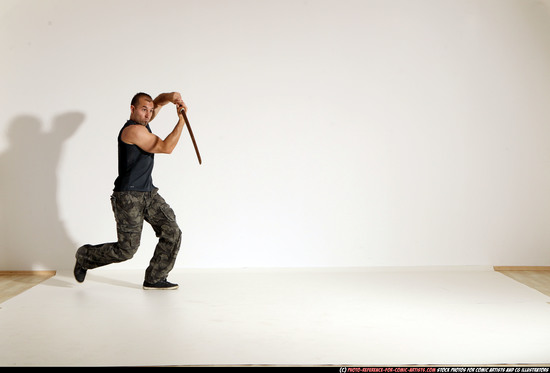 Man Adult Athletic White Fighting with sword Moving poses Army