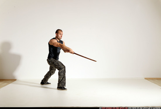 Man Adult Athletic White Fighting with sword Moving poses Army