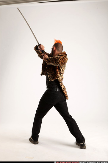 Man Adult Athletic White Fighting with sword Standing poses Coat