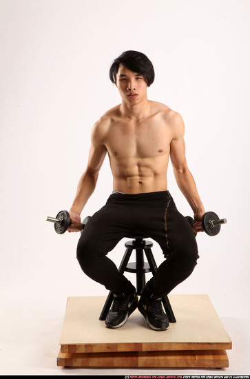 Man Young Athletic White Fitness poses Sitting poses Pants