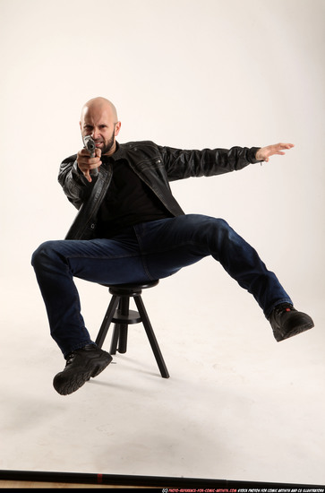 Man Adult Athletic White Fighting with gun Moving poses Jacket