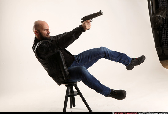 Man Adult Athletic White Fighting with gun Moving poses Jacket