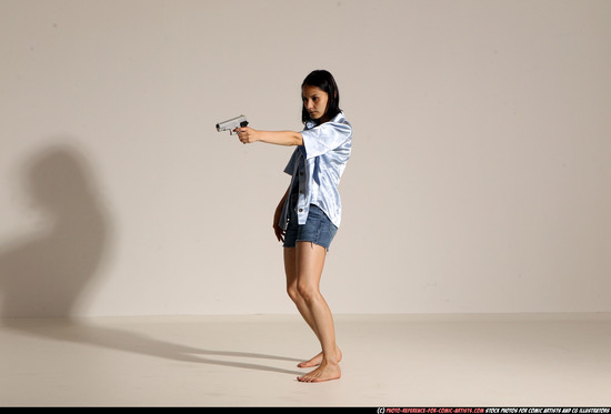 Woman Young Athletic White Fighting with gun Moving poses Casual