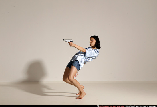 Woman Young Athletic White Fighting with gun Moving poses Casual