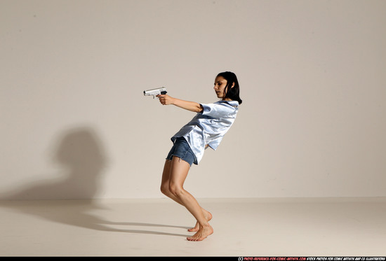 Woman Young Athletic White Fighting with gun Moving poses Casual