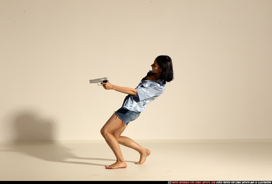 Woman Young Athletic White Fighting with gun Moving poses Casual