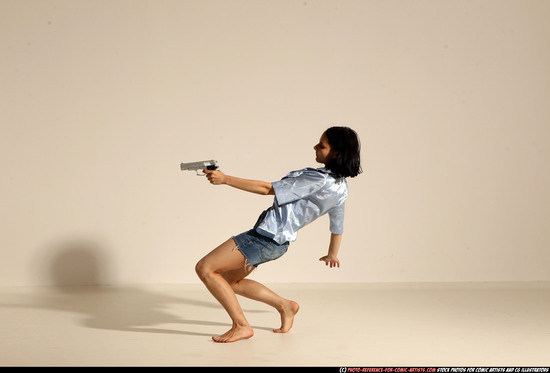 Woman Young Athletic White Fighting with gun Moving poses Casual