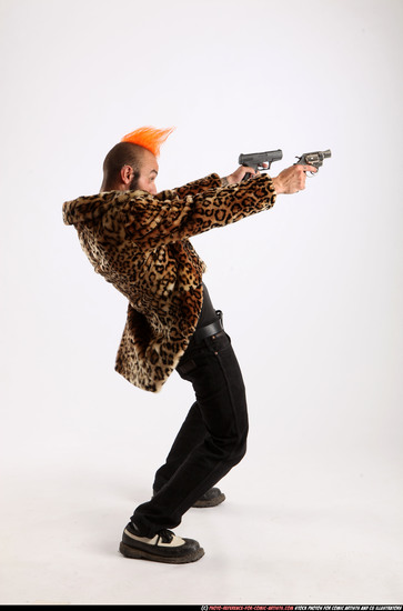 Man Adult Athletic White Fighting with gun Standing poses Coat