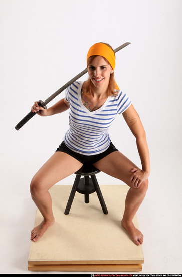 Woman Adult Athletic White Fighting with sword Sitting poses Army