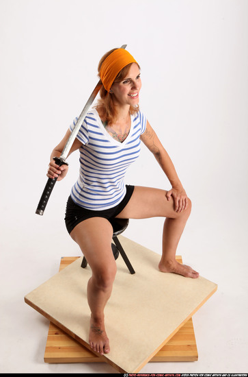 Woman Adult Athletic White Fighting with sword Sitting poses Army