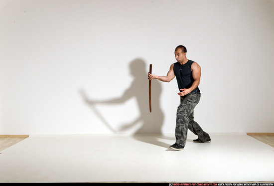 Man Adult Athletic White Fighting with sword Moving poses Army