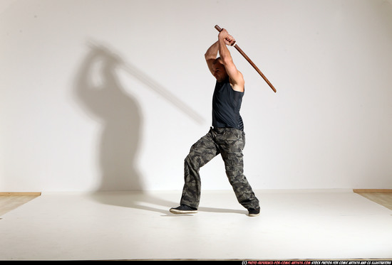 Man Adult Athletic White Fighting with sword Moving poses Army