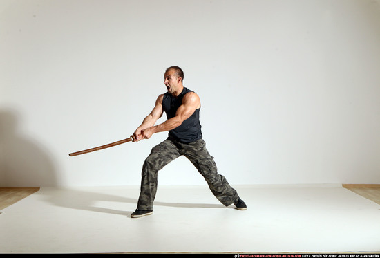 Man Adult Athletic White Fighting with sword Moving poses Army