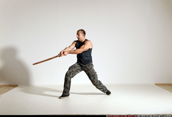 Man Adult Athletic White Fighting with sword Moving poses Army