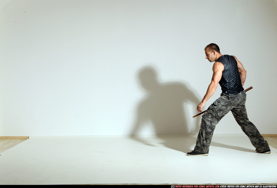 Man Adult Athletic White Fighting with sword Moving poses Army