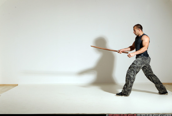 Man Adult Athletic White Fighting with sword Moving poses Army