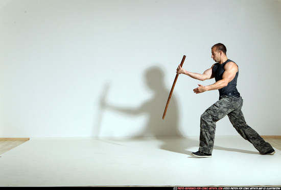 Man Adult Athletic White Fighting with sword Moving poses Army