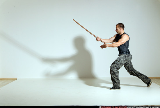 Man Adult Athletic White Fighting with sword Moving poses Army