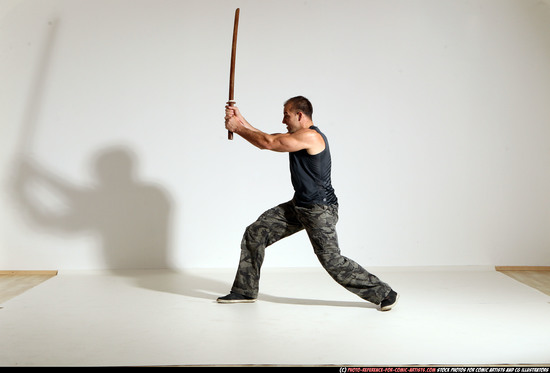 Man Adult Athletic White Fighting with sword Moving poses Army