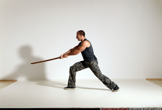 Man Adult Athletic White Fighting with sword Moving poses Army