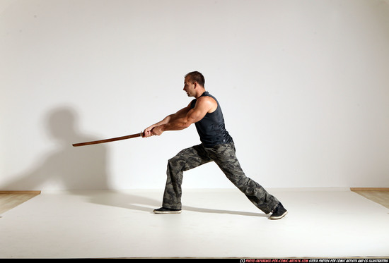 Man Adult Athletic White Fighting with sword Moving poses Army