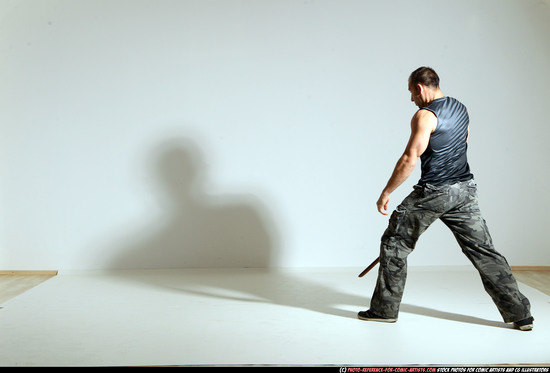 Man Adult Athletic White Fighting with sword Moving poses Army