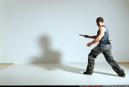 Man Adult Athletic White Fighting with sword Moving poses Army