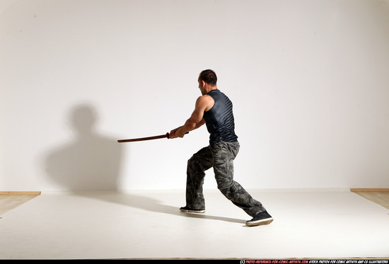 Man Adult Athletic White Fighting with sword Moving poses Army