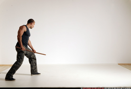 Man Adult Athletic White Fighting with sword Moving poses Army