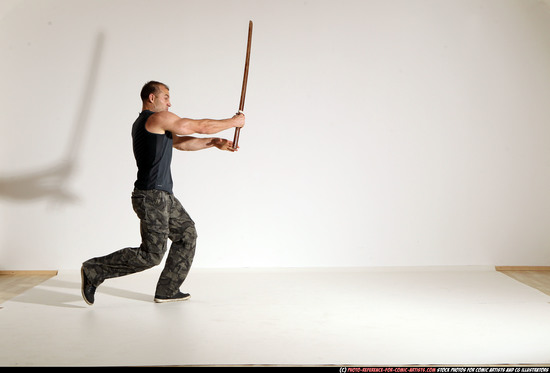 Man Adult Athletic White Fighting with sword Moving poses Army