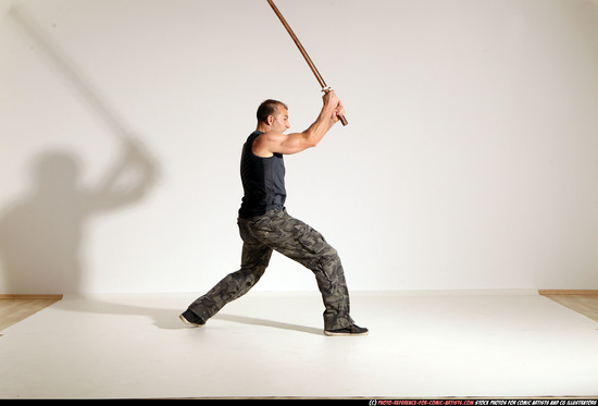 Man Adult Athletic White Fighting with sword Moving poses Army