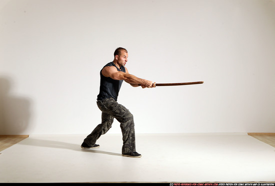 Man Adult Athletic White Fighting with sword Moving poses Army