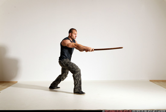 Man Adult Athletic White Fighting with sword Moving poses Army