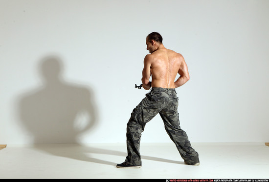 Man Adult Athletic White Fighting with submachine gun Moving poses Pants