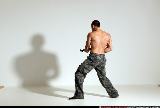 Man Adult Athletic White Fighting with submachine gun Moving poses Pants