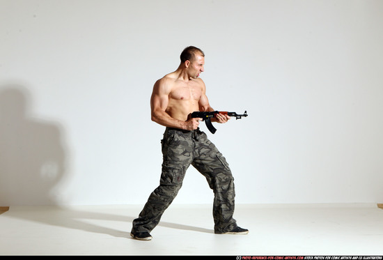 Man Adult Athletic White Fighting with submachine gun Moving poses Pants