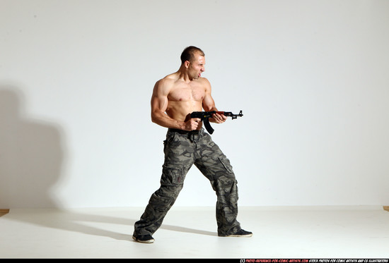 Man Adult Athletic White Fighting with submachine gun Moving poses Pants